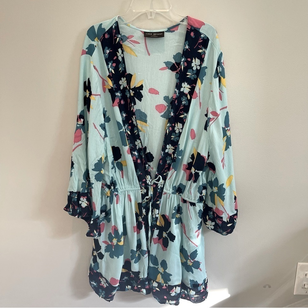 Lane Bryant Teal Floral Gauze Kimono Cover Up Womens Size 22/24 Tie Front